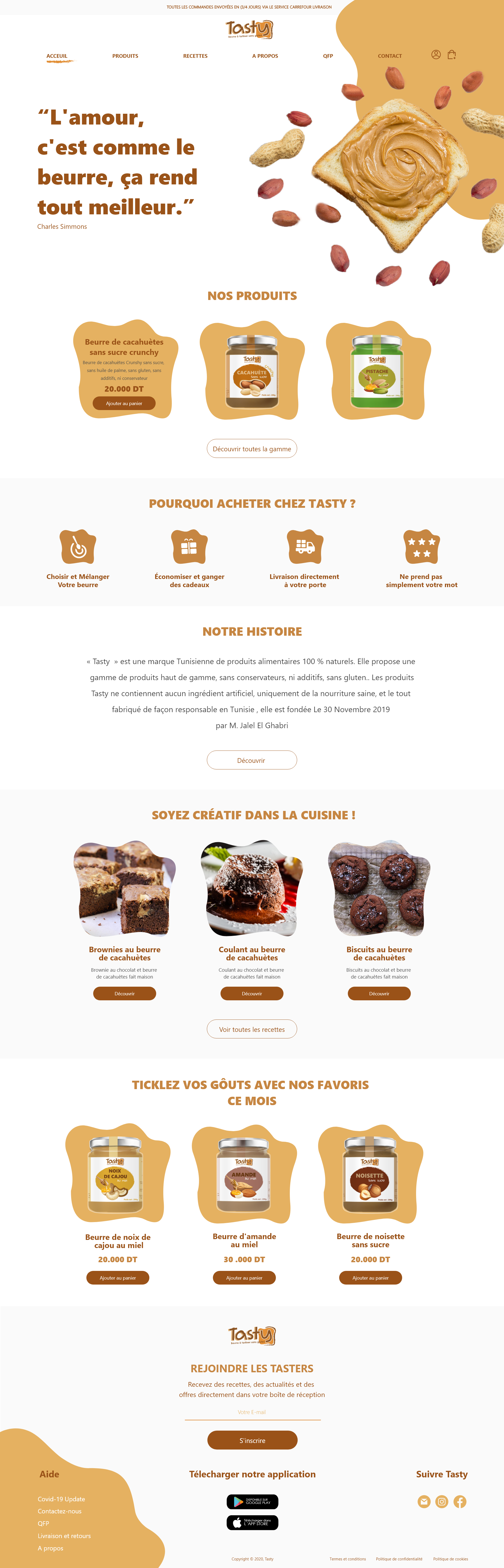 Tasty homepage in the browser: the love-is-like-butter quote, toast and jar, and the product range